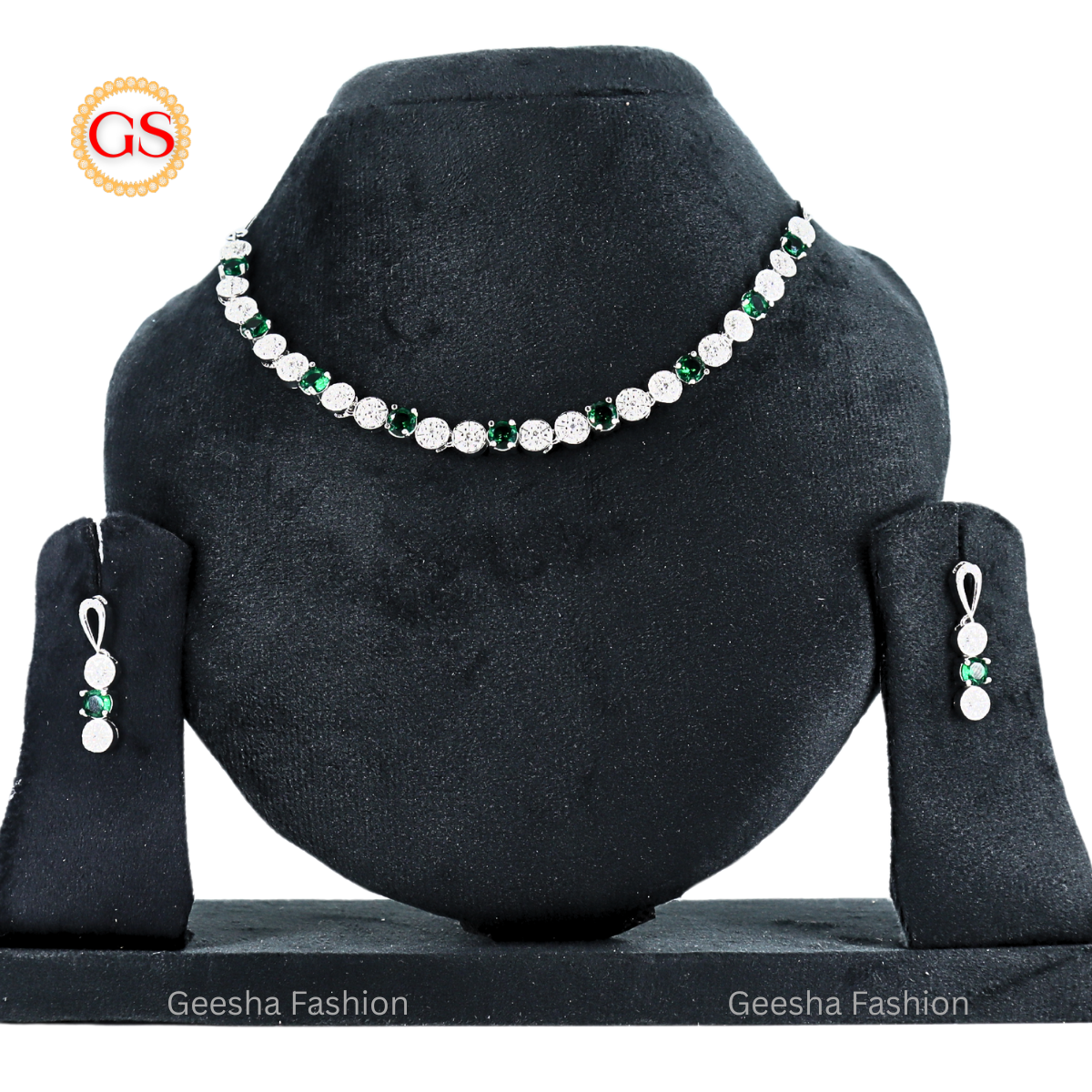 Emerald Green & White Crystal Round-Cut American Diamond Necklace & Earrings Set | Silver Plated Jewelry for Women (Back Chain Included)