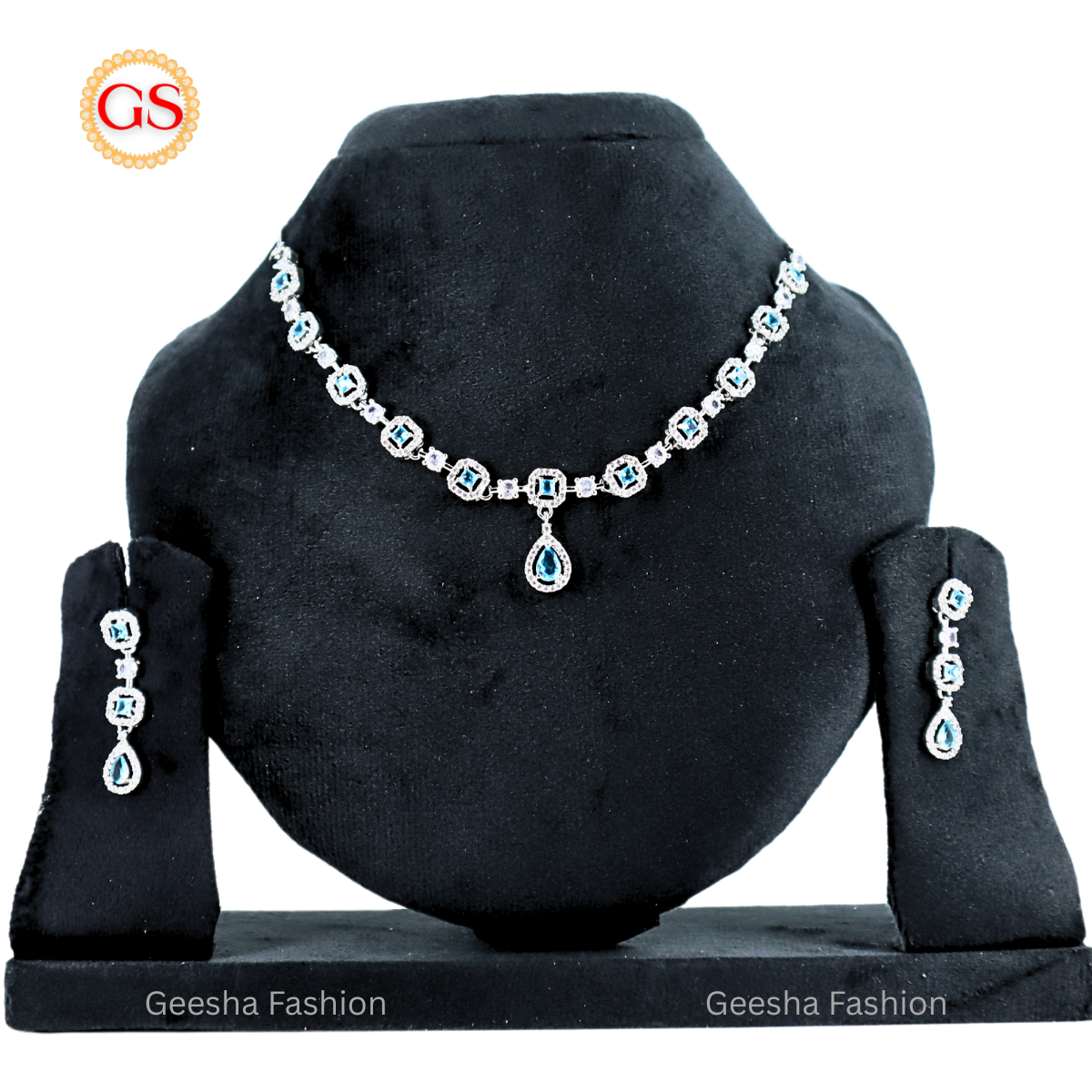 Elegant Teardrop Blue & White Gem Silver Plated American Diamond Necklace & Earrings Set for Women (Back Chain Included)