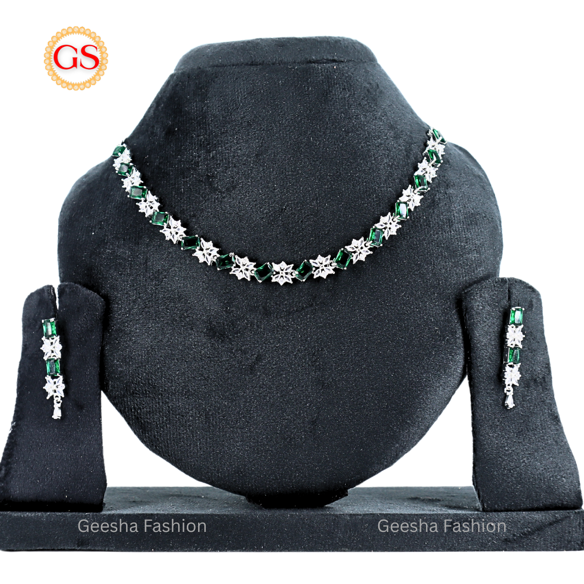 Floral Sparkle Emerald Green Silver Plated American Diamond Necklace & Earrings Set for Women (Back Chain Included)