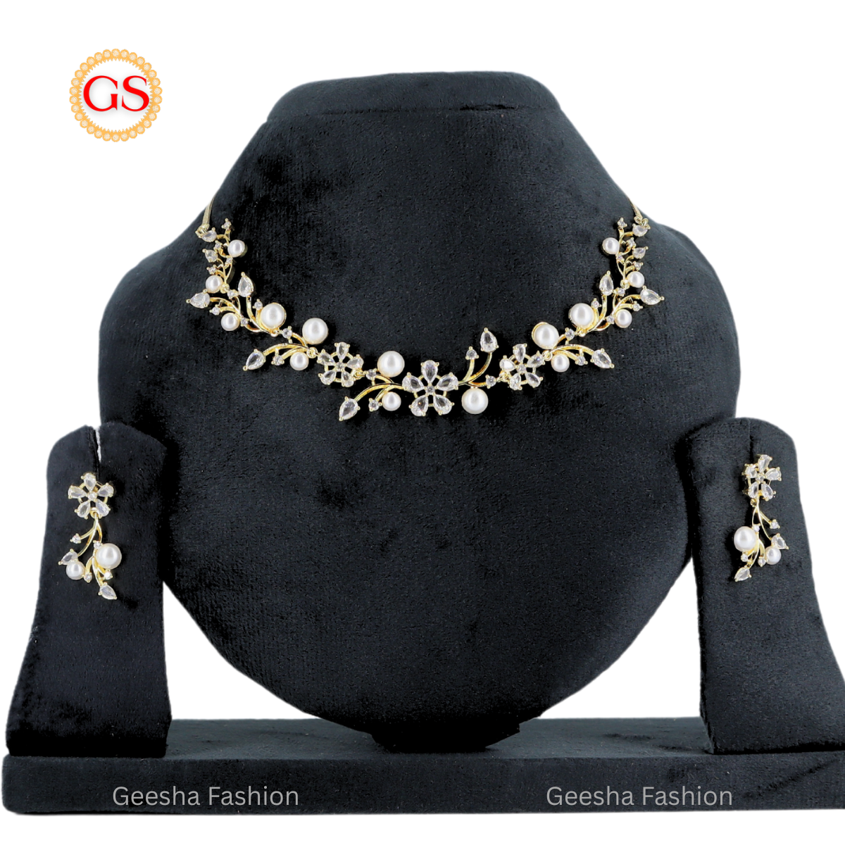 Gold-Tone Floral Pearl American Diamond Necklace & Earrings Set for Women (With Back Chain)