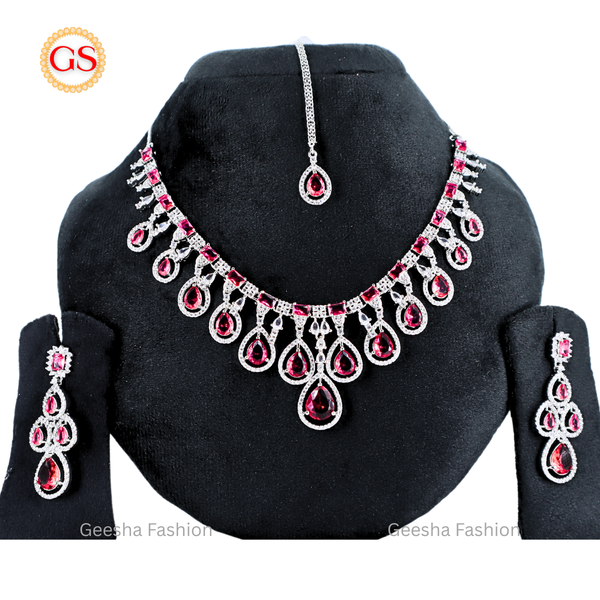Royal Ruby Rainfall Motif American Diamond Bridal Jewelry Set with Earrings & Tikka – Back Chain Included