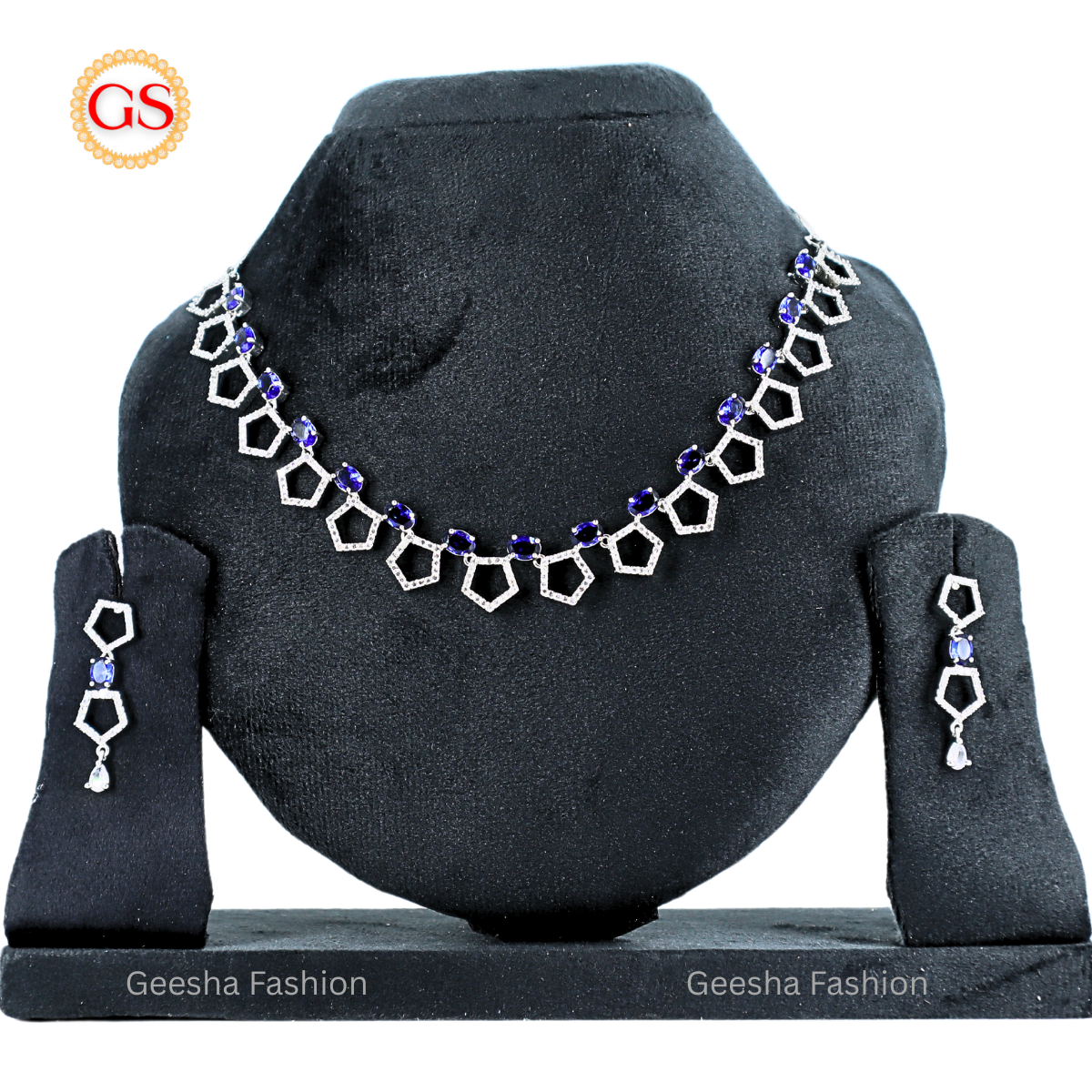 Geometric Pentagon Motif Necklace And Earrings with Deep Violet Stones | Silver Plated American Diamond Jewelry for Women - Back Chain Included)