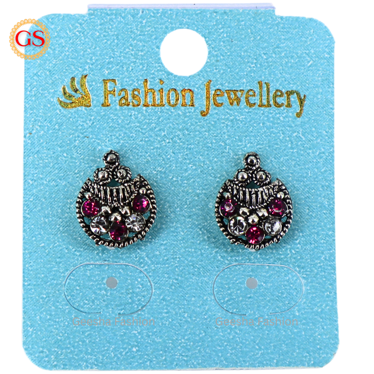 Dark Pink And White Stones Moon Design Oxidized Earrings