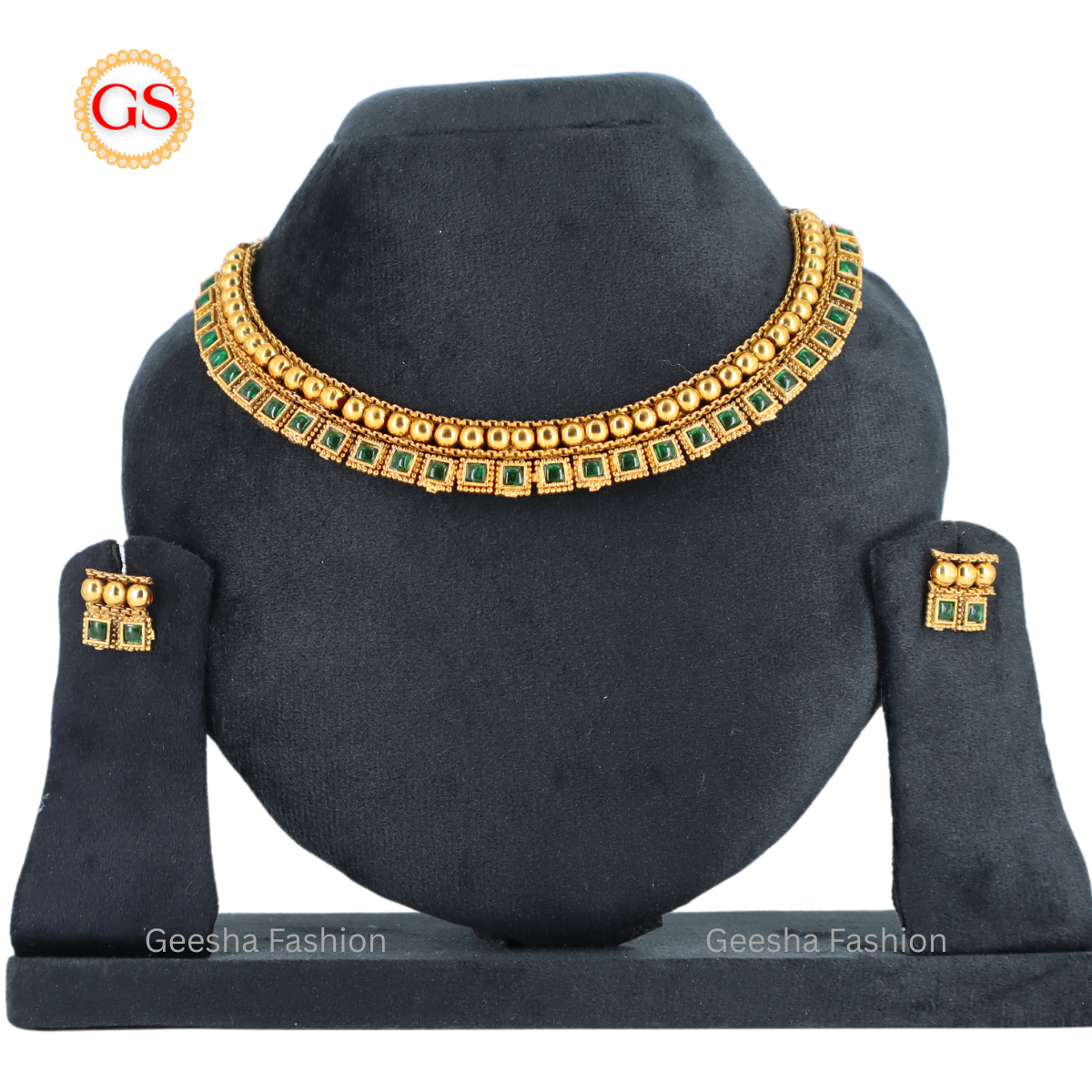 Green Stones with Square Design Gold-Plated Necklace and Earrings Set