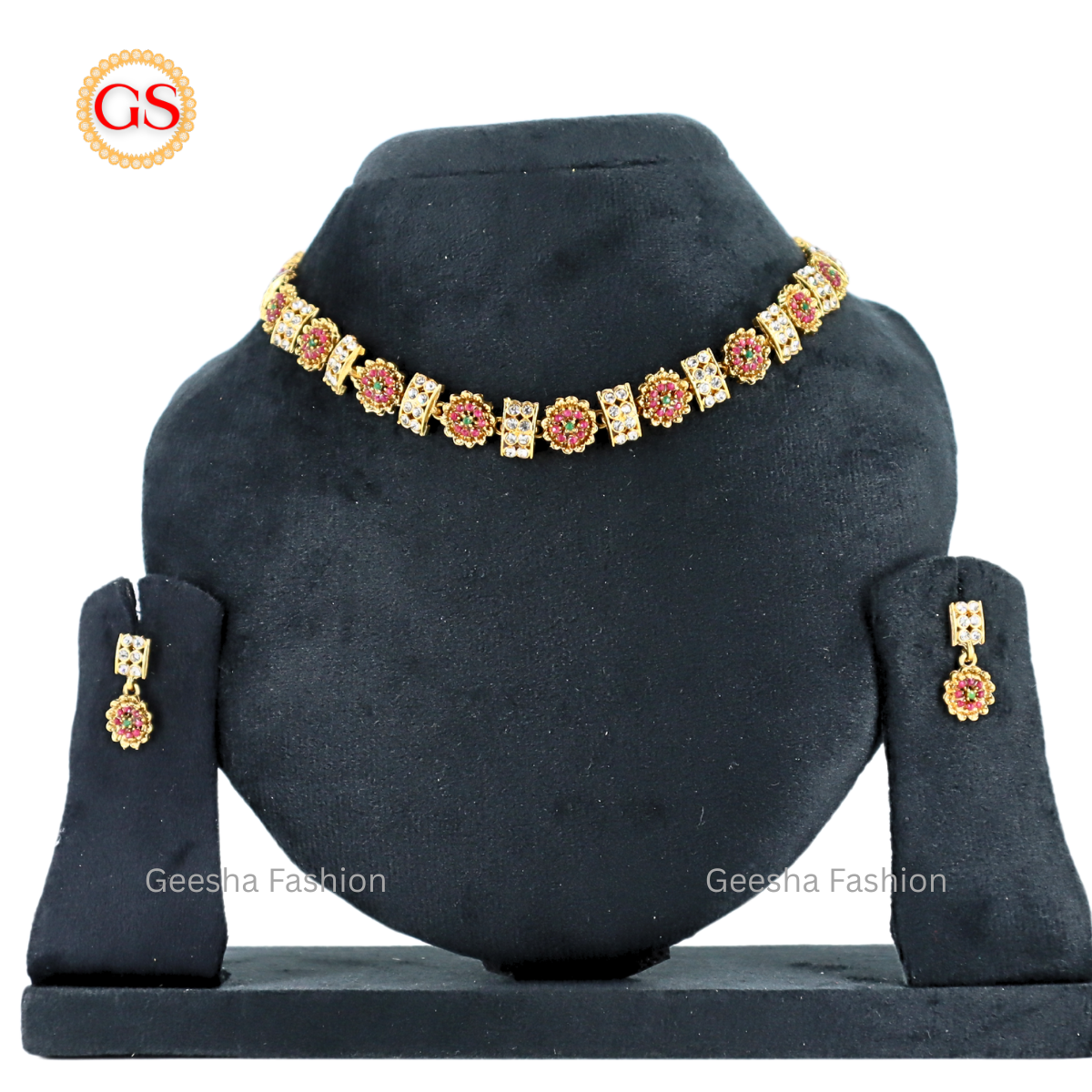 Ruby Stones Flower Design Necklace And Earrings Set