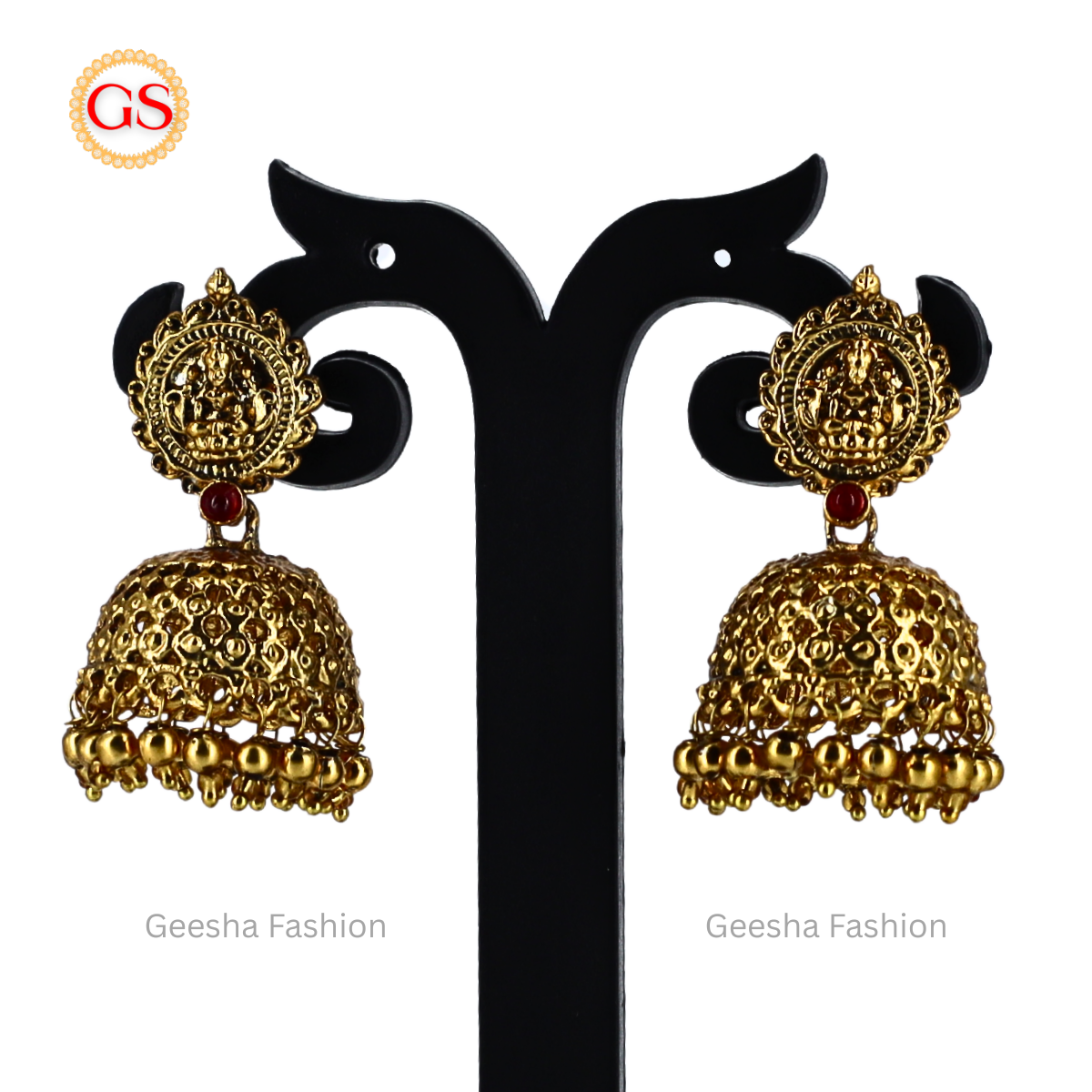 Peacock And Lakshmi Design Antique Haram, Necklace And Jumka Set With Golden Beads