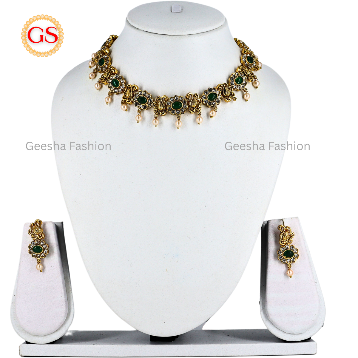 Flower And Peacock Design Antique Necklace And Earrings Set With Pearl Beads