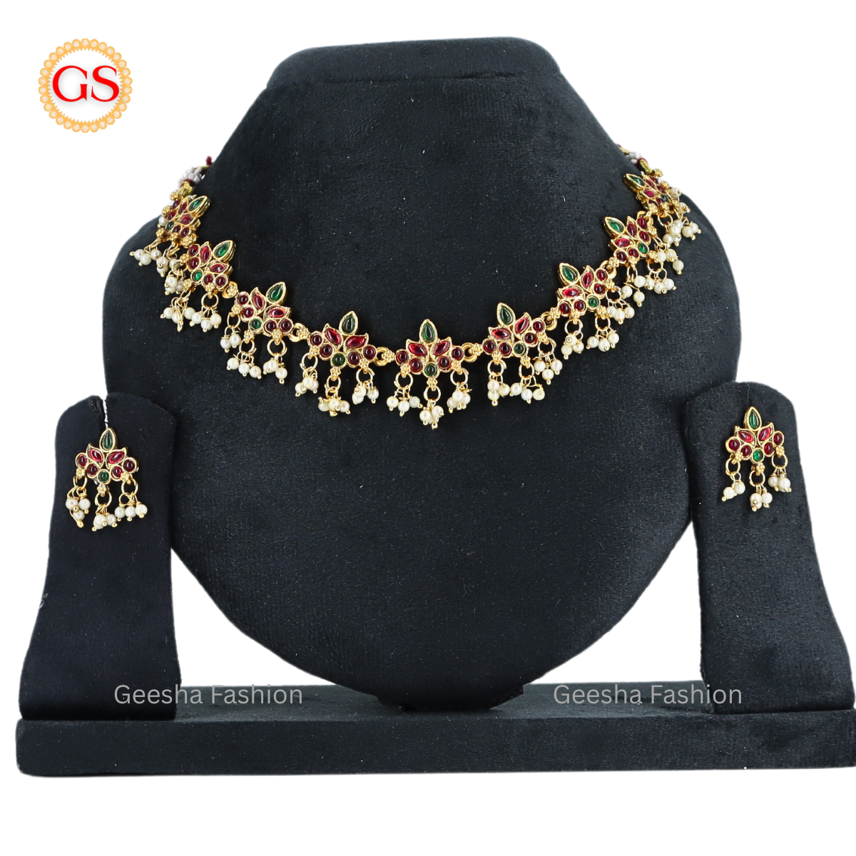 Multicolour Stone Gold Plated Necklace And Earrings Wtih White Beads