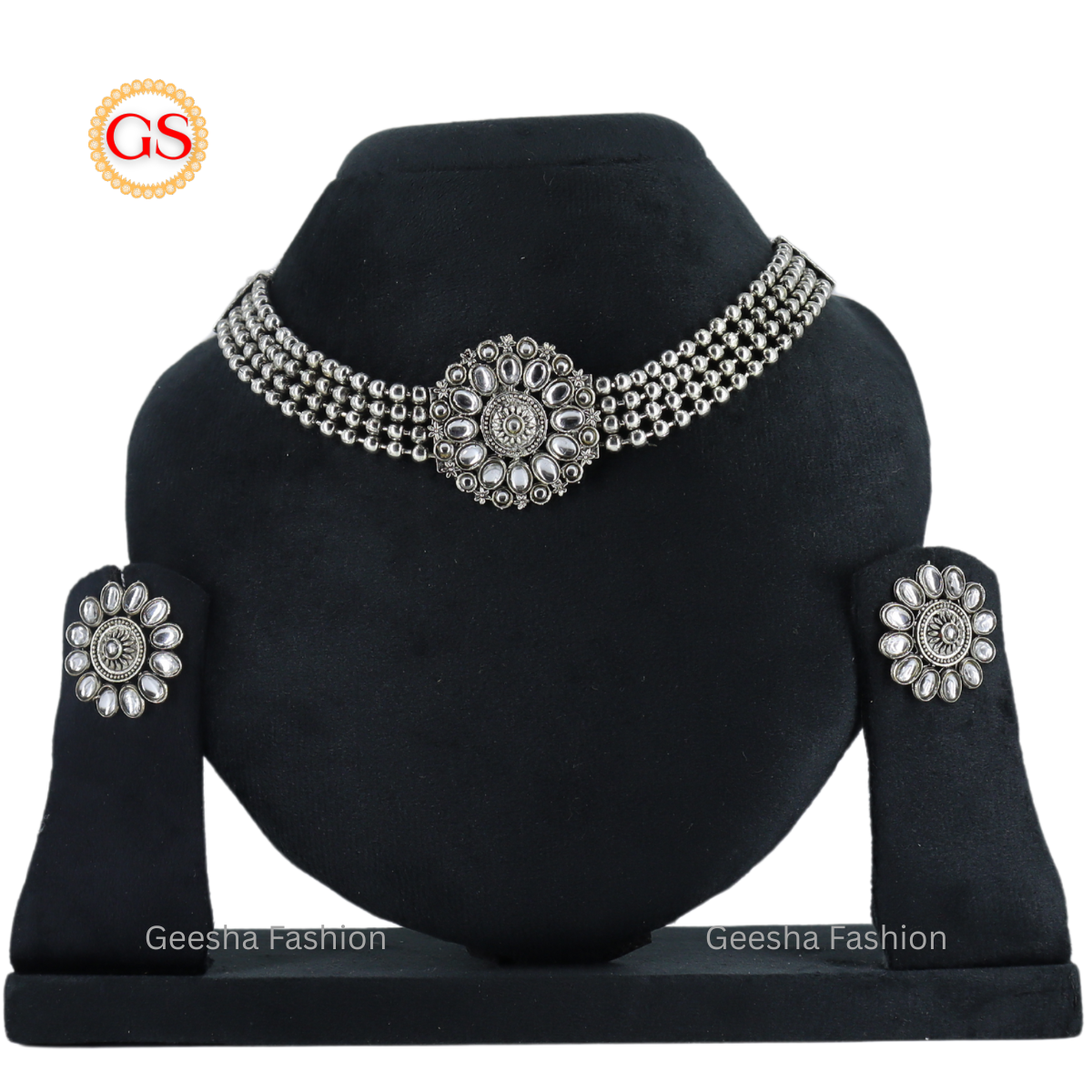 White, Silver Stone Chakra Design Pendant Oxidized Silver Necklace And Earrings Set