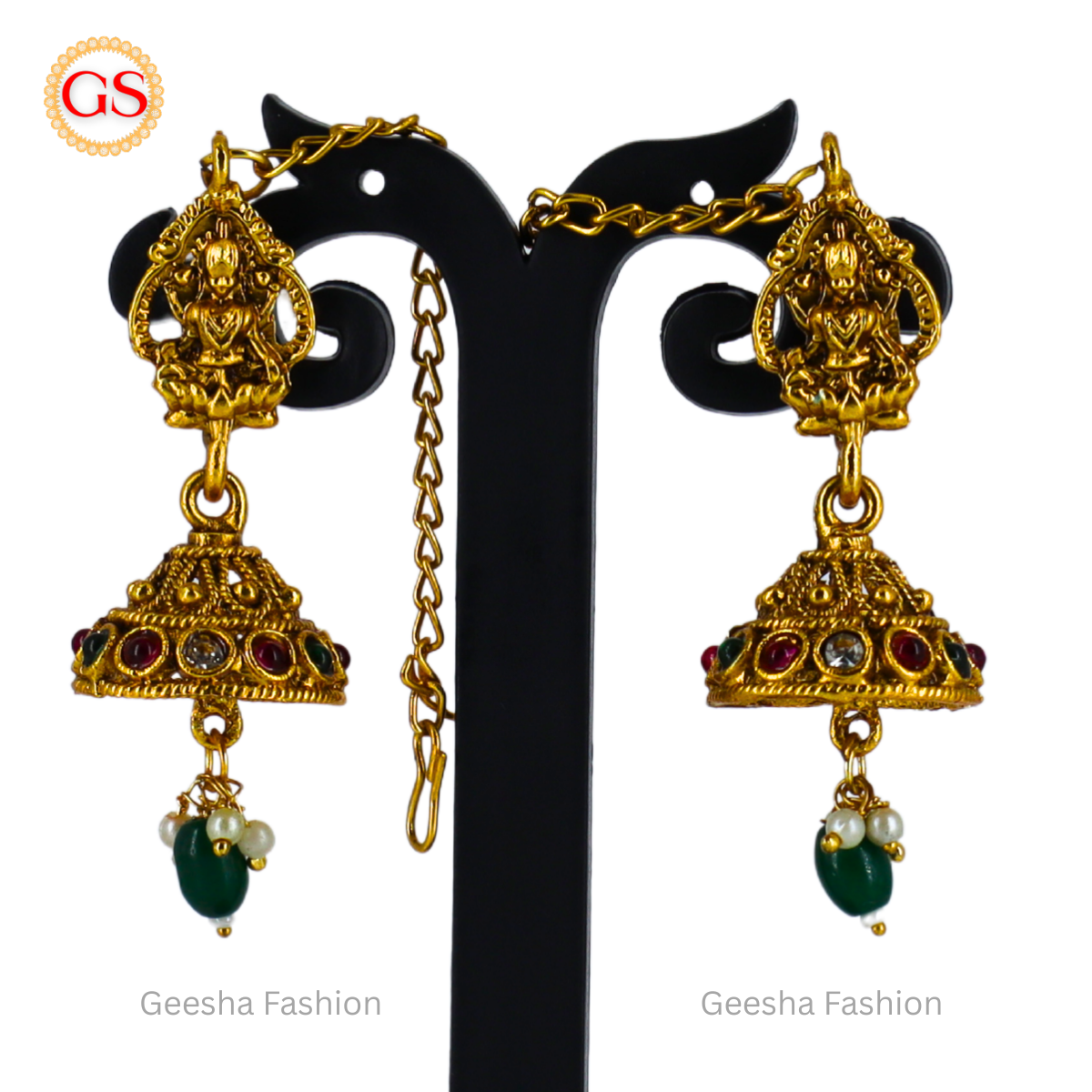 Lakshmi And Peacock Design Antique Chokkar And Jumka Set With Green Beads