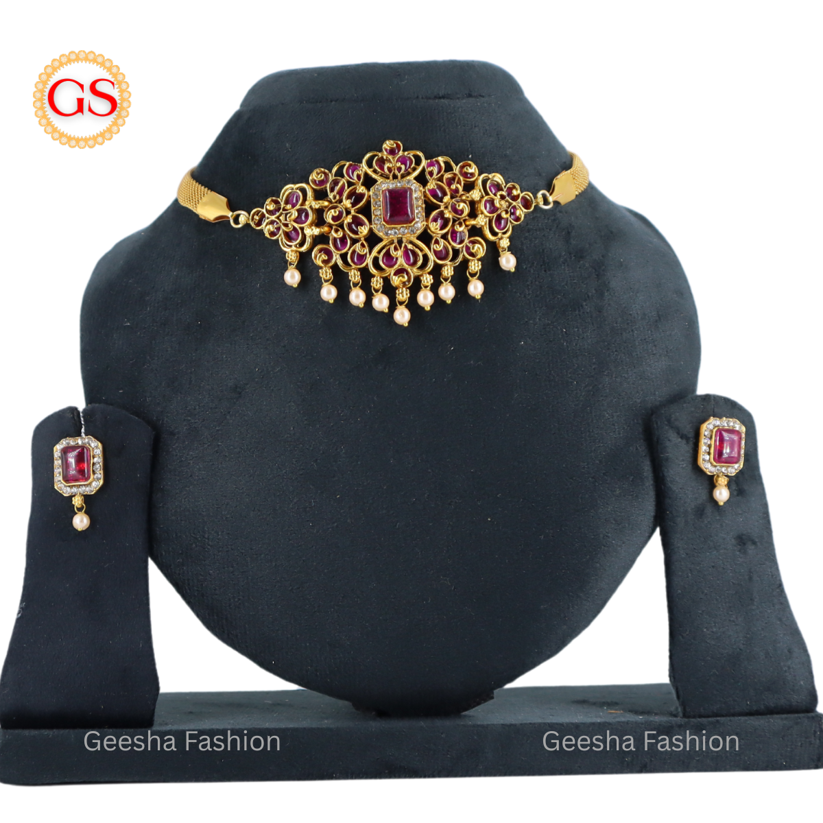 Red Colour Flower Design Antique Chokkar And Earrings Set