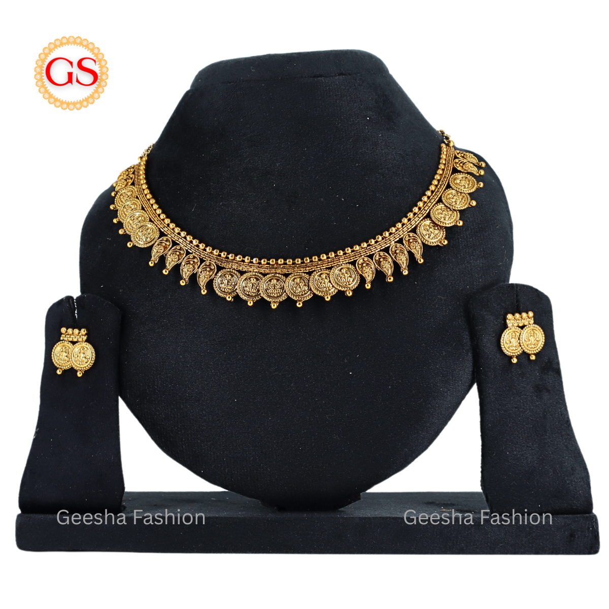 Lakshmi Coin And Mango Design Antique Necklace And Earrings Set