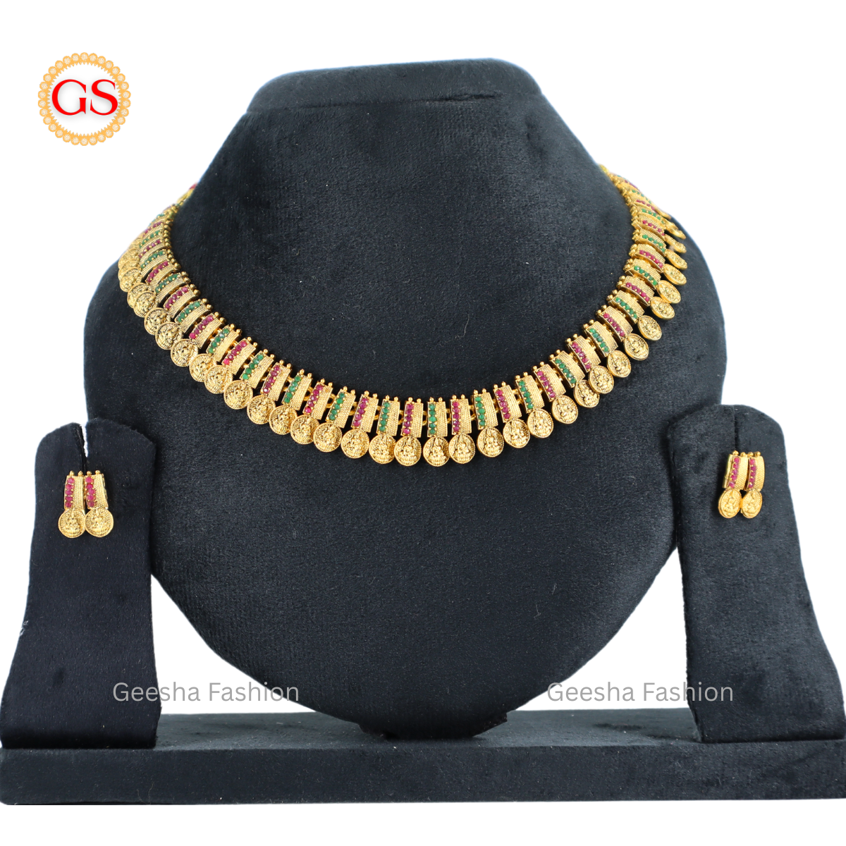 Multicolour Stones With Lakshmi Coins Antique Necklace And Earrings Set