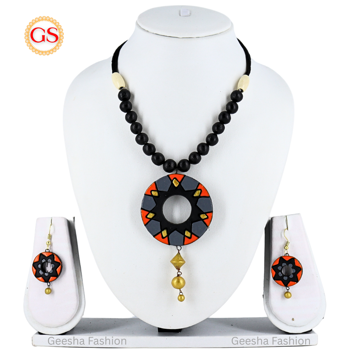 Orange Black And Grey Colour Cutting Design Pendant With Golden Beads Handmade Terracotta Necklace and Earrings