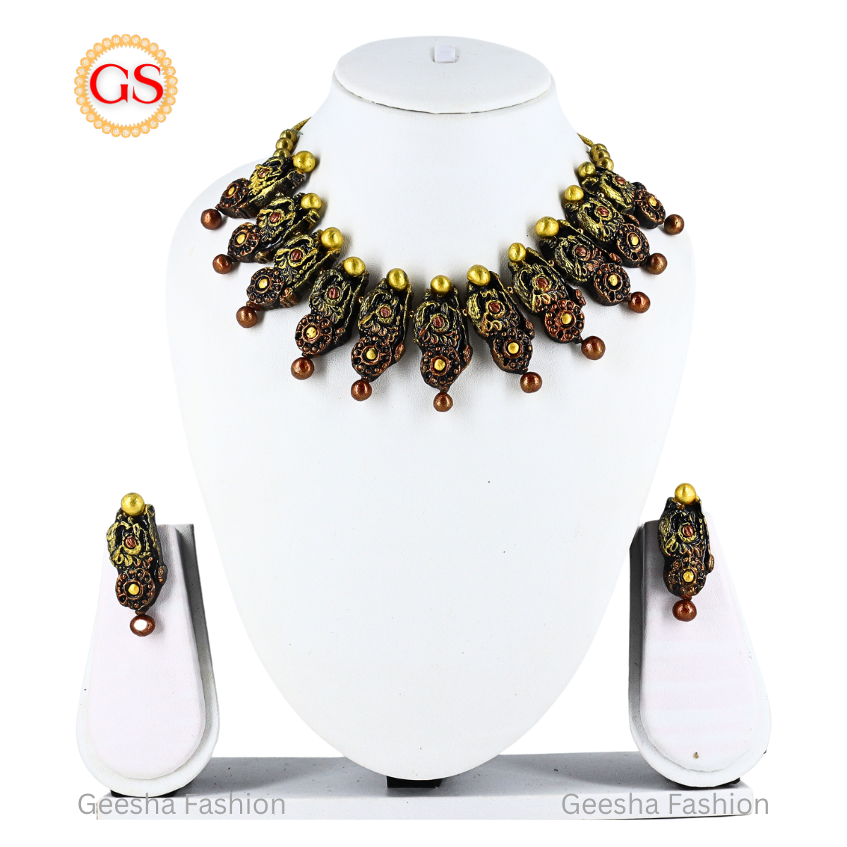 Peacock and Coin Design With Golden And Brown Beads Handmade Terracotta Necklace and Earrings