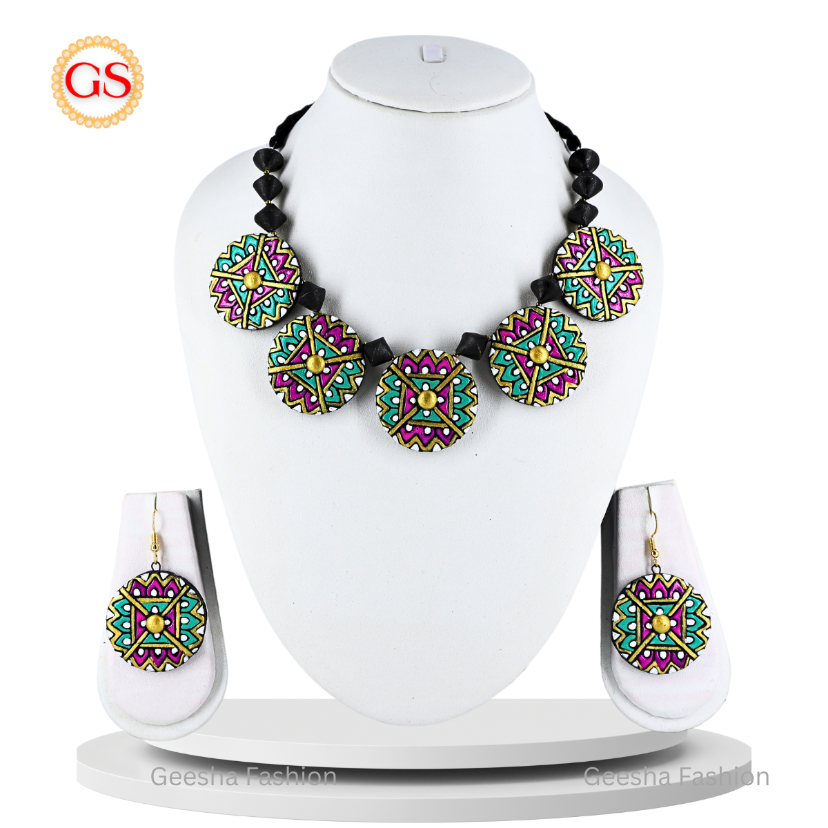 Pink And Green Colour Rangoli Design Handmade Terracotta Necklace and Earrings