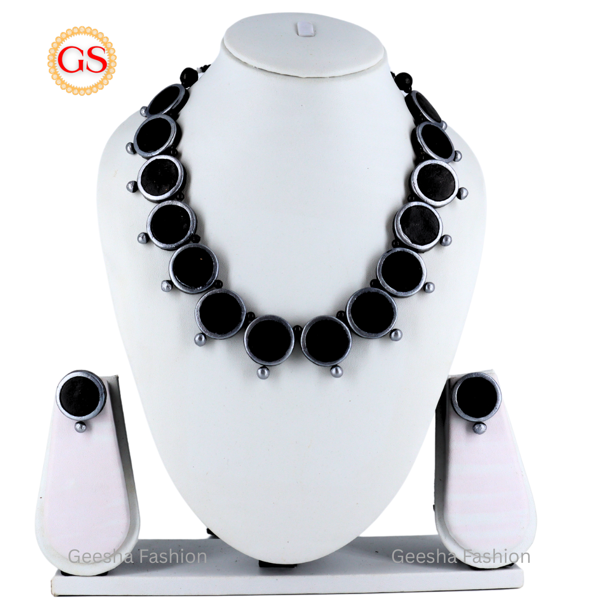Black And Gray Colour Full Moon Design With Gray Beads Handmade Terracotta Necklace and Earrings