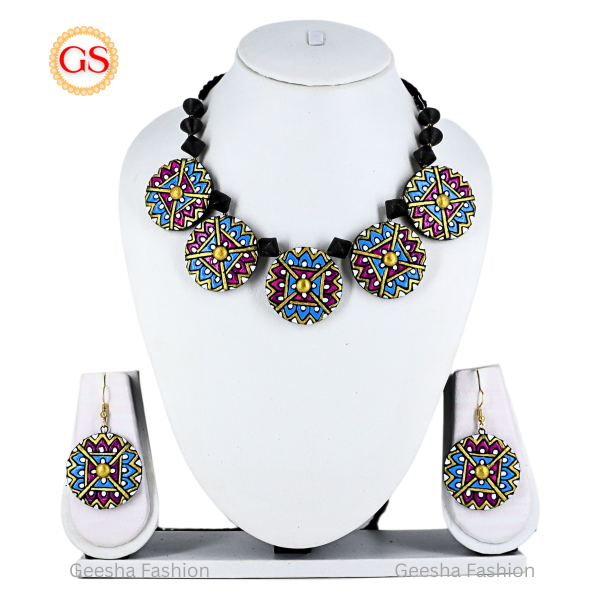 Pink And Blue Colour Rangoli Design Handmade Terracotta Necklace and Earrings