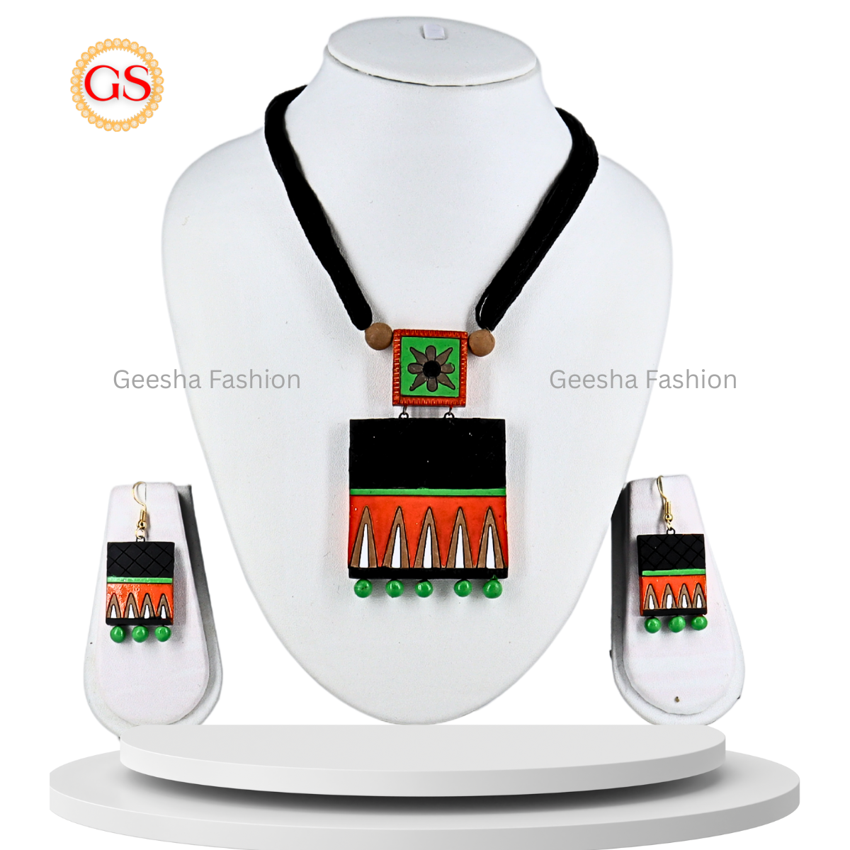 Orange And Black Colour Square Design Pendant With Green Beads Handmade Terracotta Necklace and Earrings