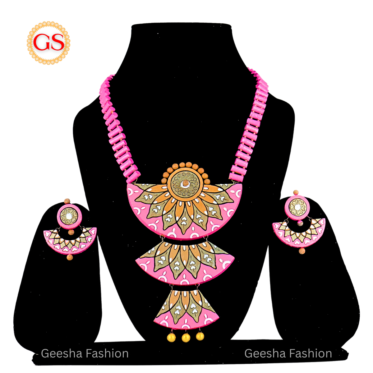 Handmade Pink and Sandal Triple Layer Floral Design Terracotta Haram with Golden Beads & Matching Earrings – Eco-Friendly Ethnic Jewelry