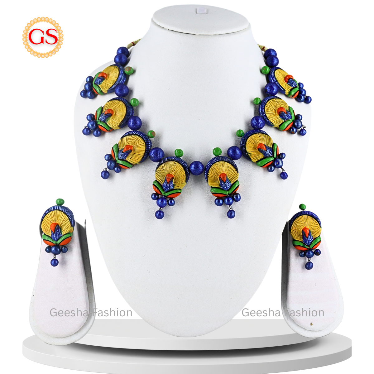 Blue And Yellow Colour Peacock Design With Beads Handmade Terracotta Necklace and Earrings