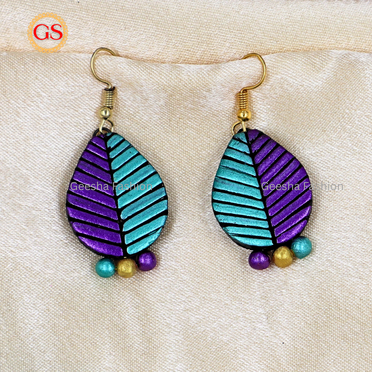 Purple Green Colour Leaf Design With Triple Beaded Handmade Terracotta Earrings