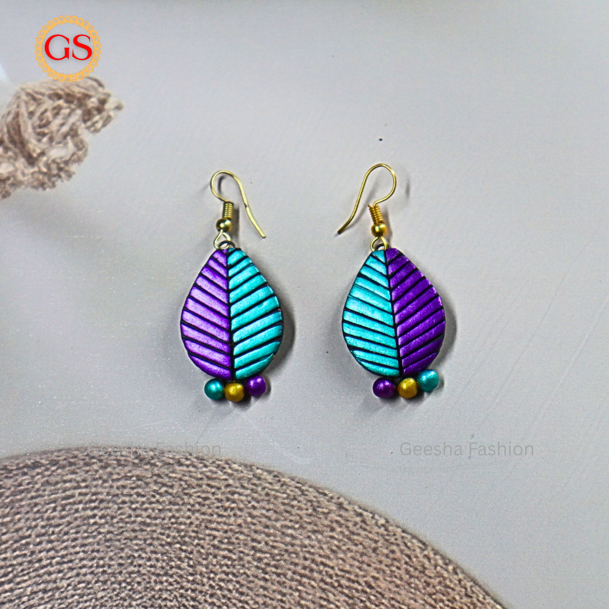Purple Green Colour Leaf Design With Triple Beaded Handmade Terracotta Earrings
