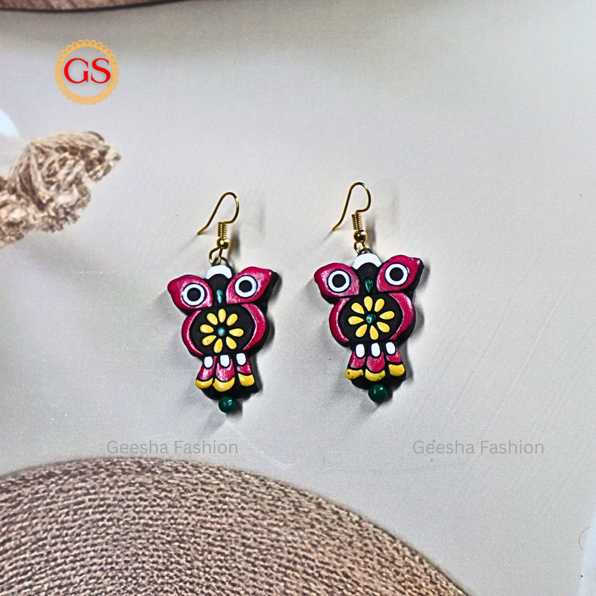 Red Yellow Owl Design with Single Bead Handmade Terracotta Earrings