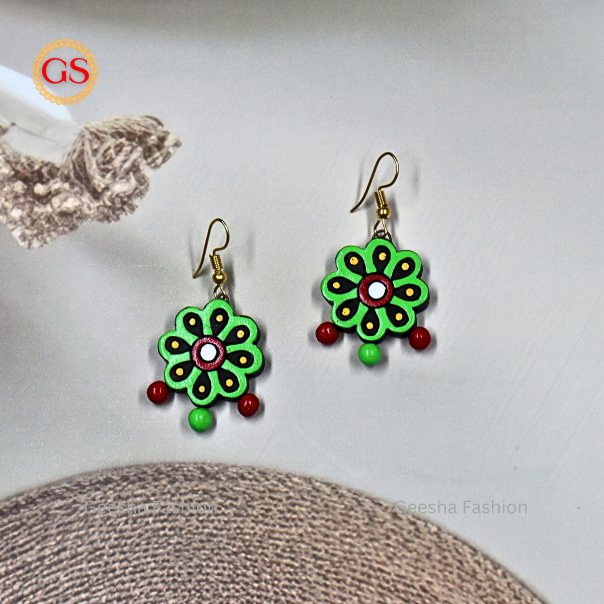 Green Red Colour Flower Design With Triple Beaded Handmade Terracotta Earrings