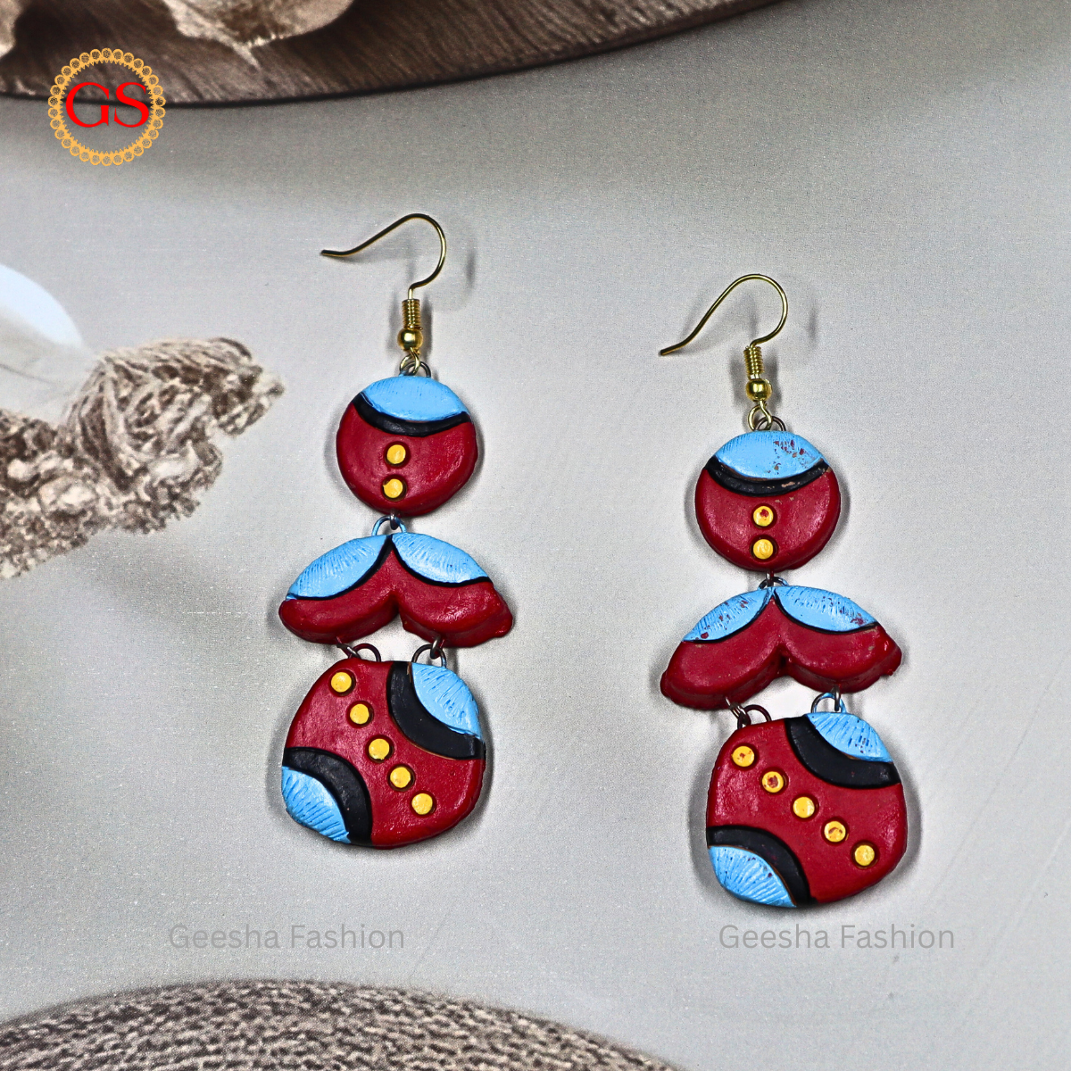 Red Blue Colour Triple Layer Handmade Terracotta Earrings
