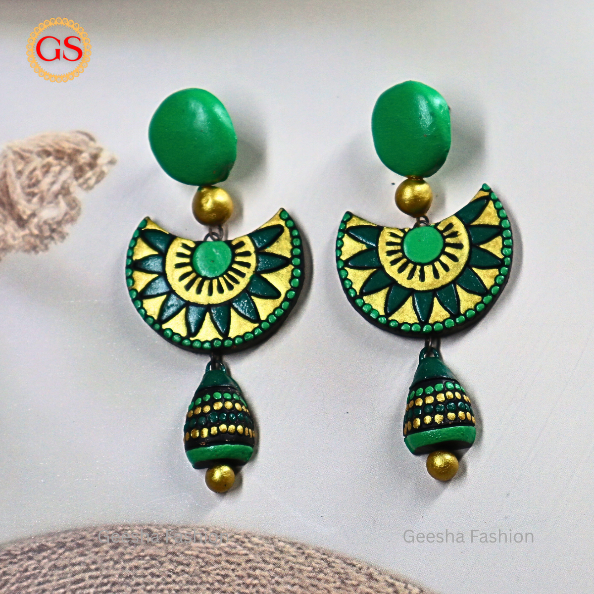Green Colour Triple Layer Beaded Jumki Terracotta Earrings