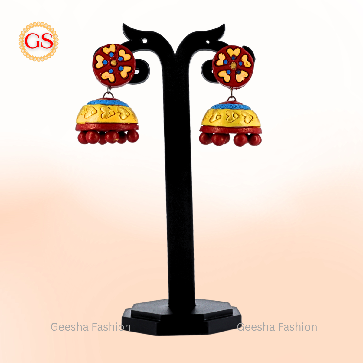 Red Yellow Colour Full Moon Stud And Jumki Handmade Terracotta Earrings