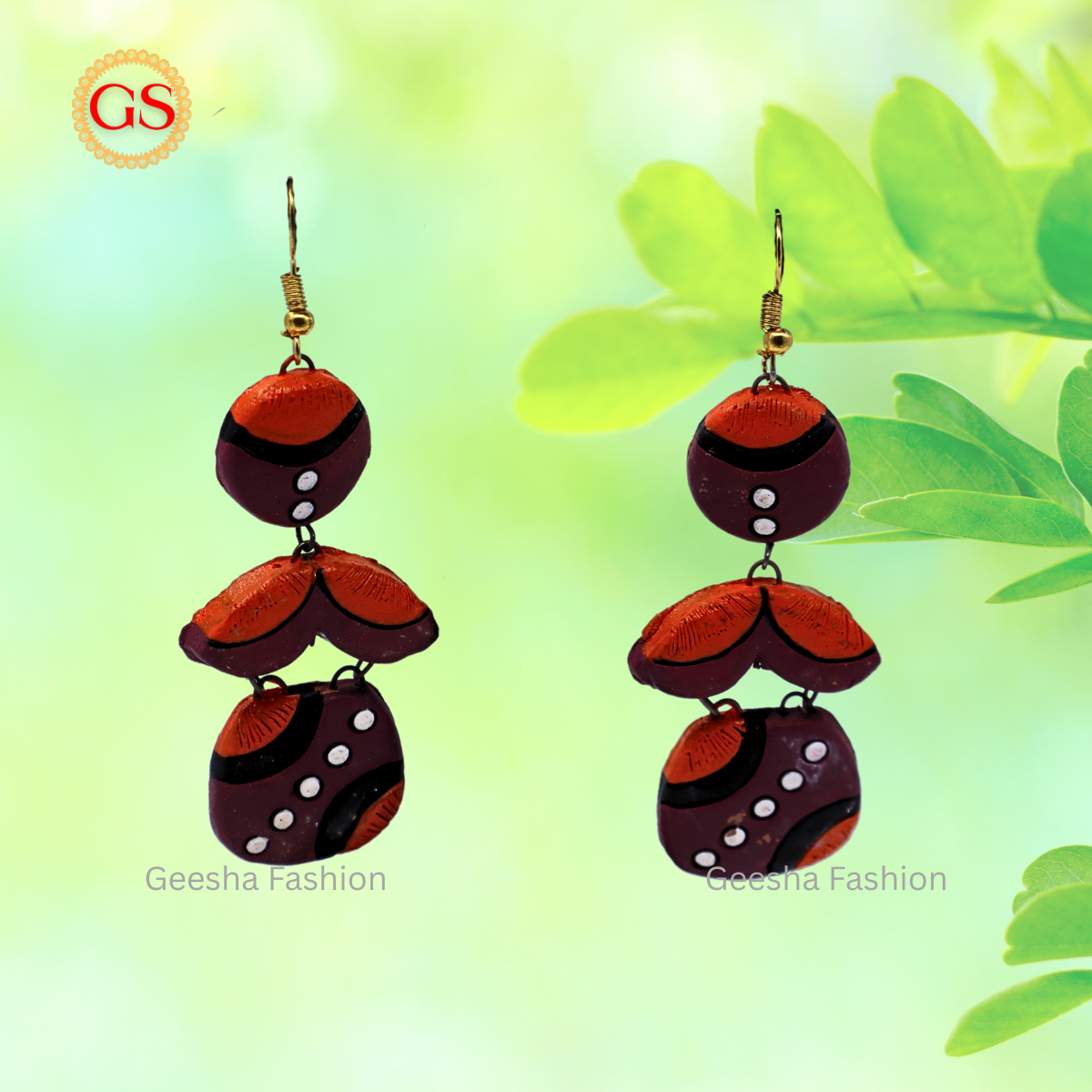Orange Maroon Colour Triple Layer Handmade Terracotta Earrings