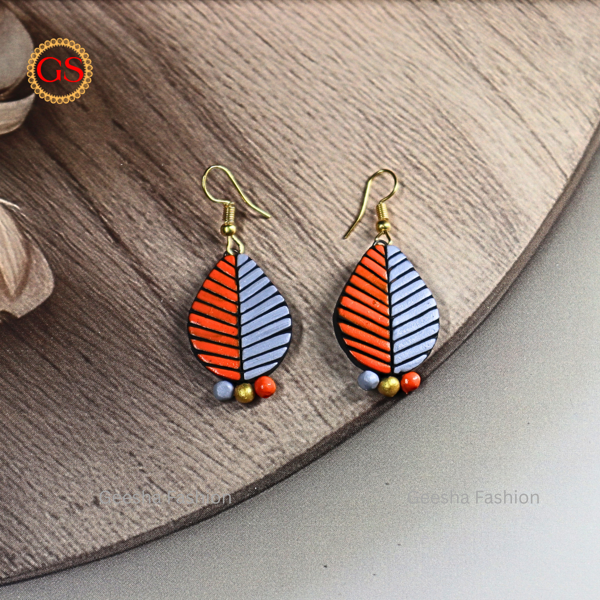 Orange and Silver Leaf Design With Triple Beaded Handmade Terracotta Earrings