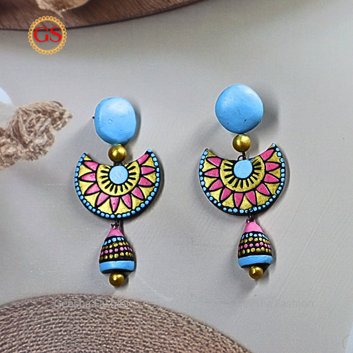 Blue and Pink Colour Triple Layer Beaded Jumki Terracotta Earrings