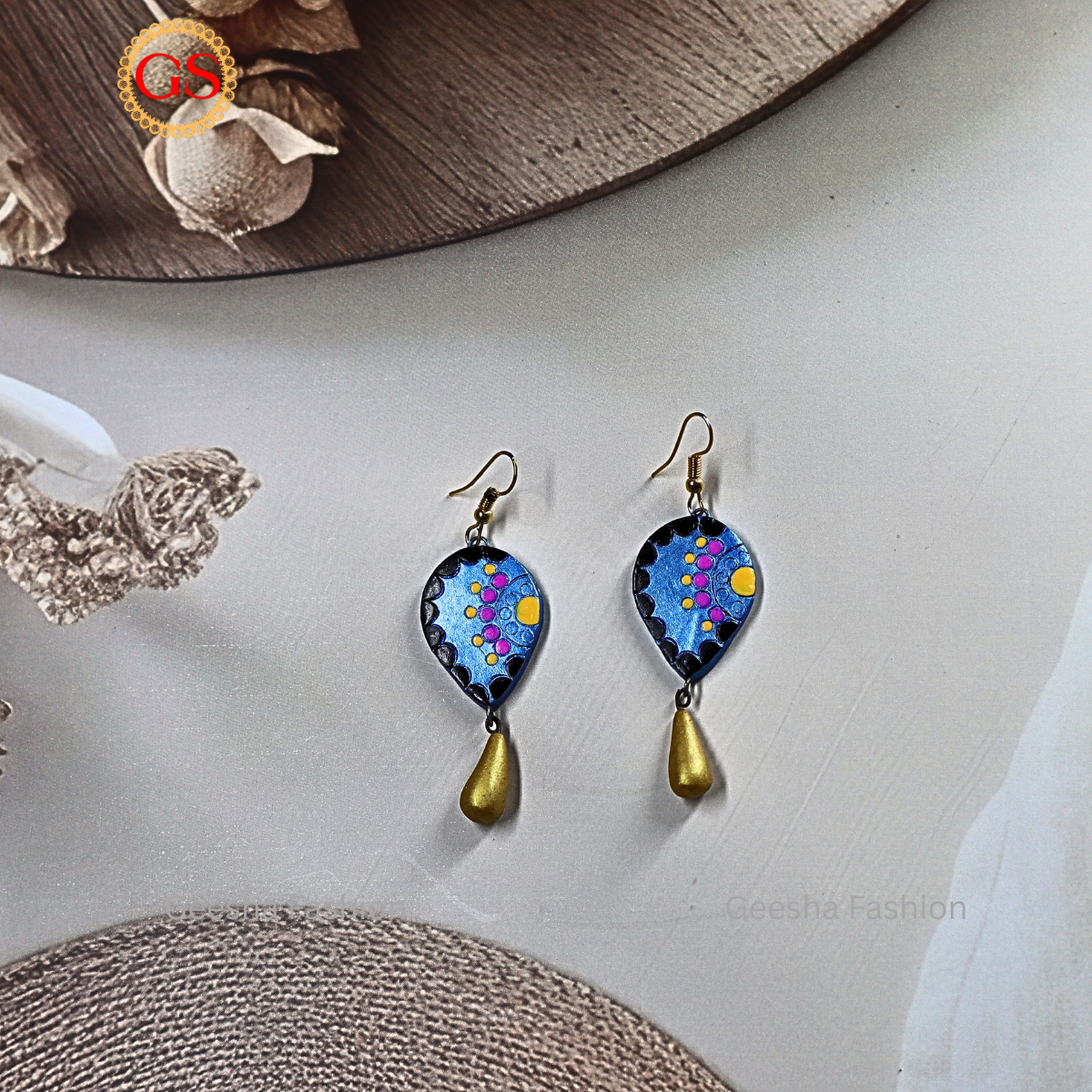 Blue Colour Leaf With Golden Beaded Handmade Terracotta Earrings