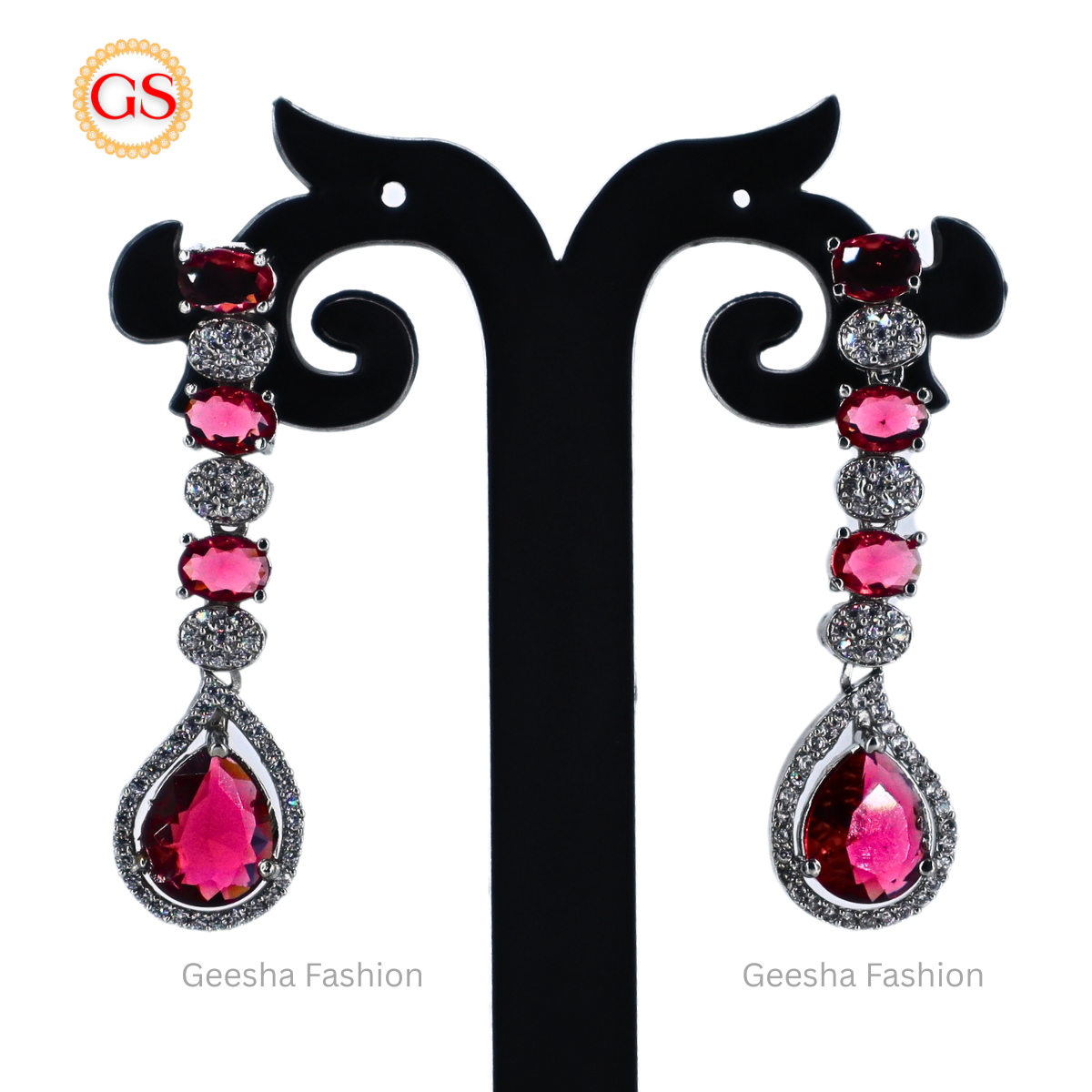 Elegant Ruby Red Teardrop American Diamond Earrings – Silver-Plated Statement Jewelry for Glamorous Occasions
