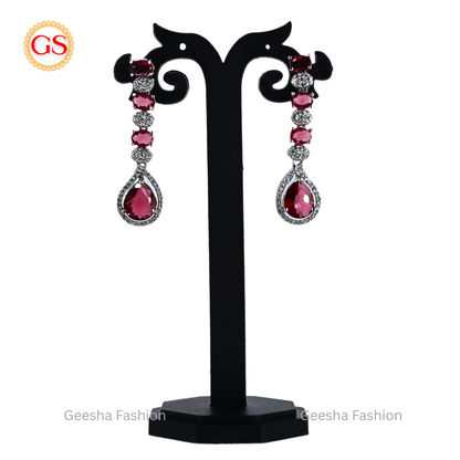 Elegant Ruby Red Teardrop American Diamond Earrings – Silver-Plated Statement Jewelry for Glamorous Occasions