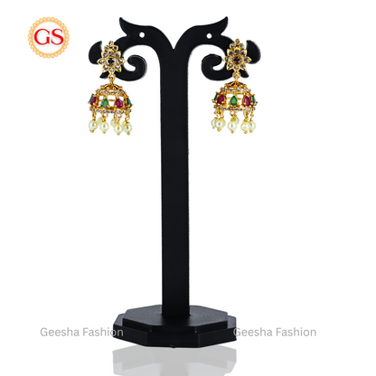 Antique Design American Diamond Necklace Set with Red, Green & White Stones and Matching Earrings – Elegant Back Chain Included