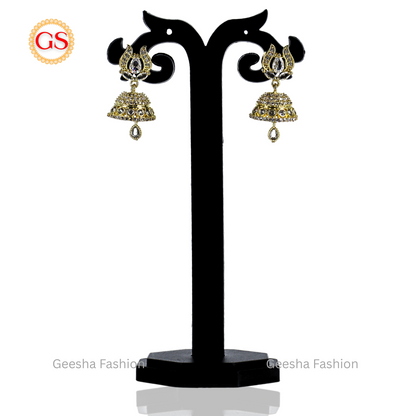 Antique Gold American Diamond Jhumka Earrings with Floral Motif – Traditional Elegance