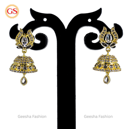 Antique Gold American Diamond Jhumka Earrings with Floral Motif – Traditional Elegance