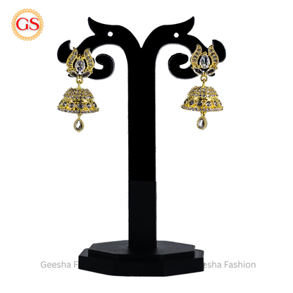 Antique Gold American Diamond Jhumka Earrings with Floral Motif – Traditional Elegance