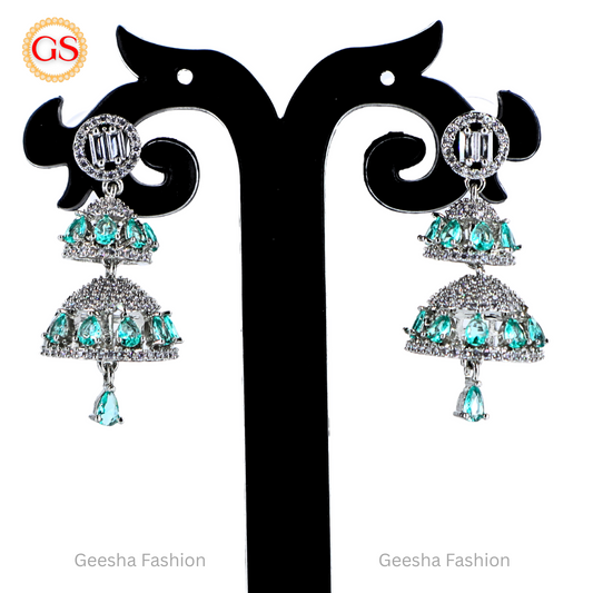 Triple Layered Silver-Plated American Diamond Jhumka with Aqua Green Stones – Modern Elegance Meets Traditional Style