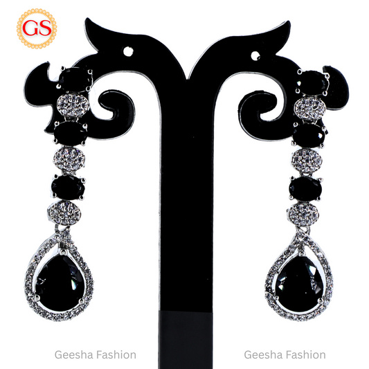 Party Wear Elegant Black Silver-Plated Teardrop American Diamond Earrings – Bold, Chic & Glamorous