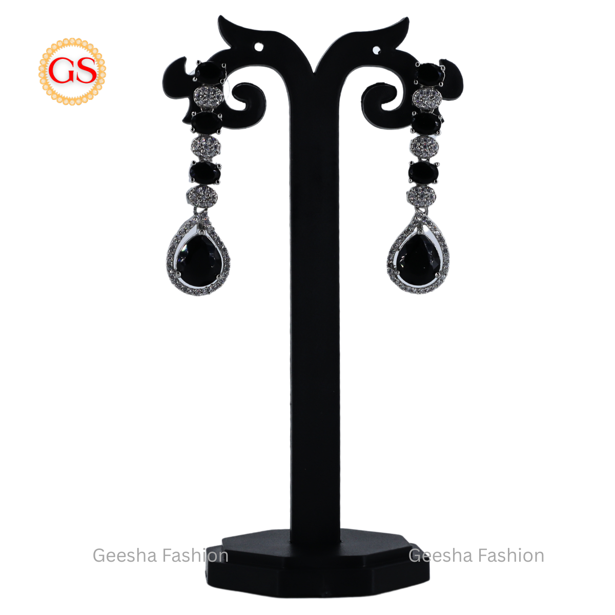 Party Wear Elegant Black Silver-Plated Teardrop American Diamond Earrings – Bold, Chic & Glamorous