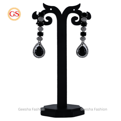 Party Wear Elegant Black Silver-Plated Teardrop American Diamond Earrings – Bold, Chic & Glamorous