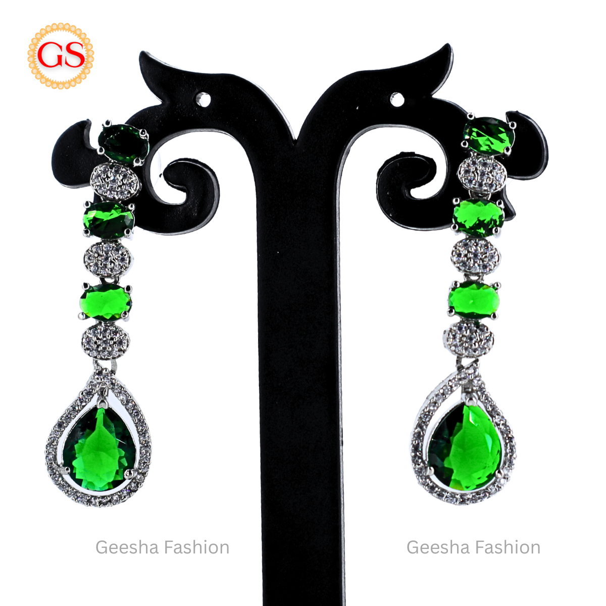 Radiant Green Teardrop American Diamond Earrings – Silver-Plated Party Wear Elegance
