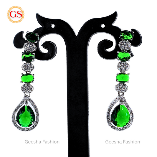 Radiant Green Teardrop American Diamond Earrings – Silver-Plated Party Wear Elegance