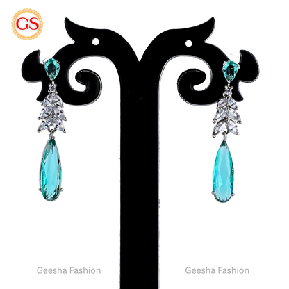 Elegant Aqua Blue American Diamond Drop Earrings – Timeless Beauty with a Splash of Color