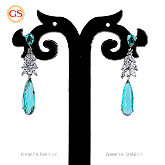 Elegant Aqua Blue American Diamond Drop Earrings – Timeless Beauty with a Splash of Color